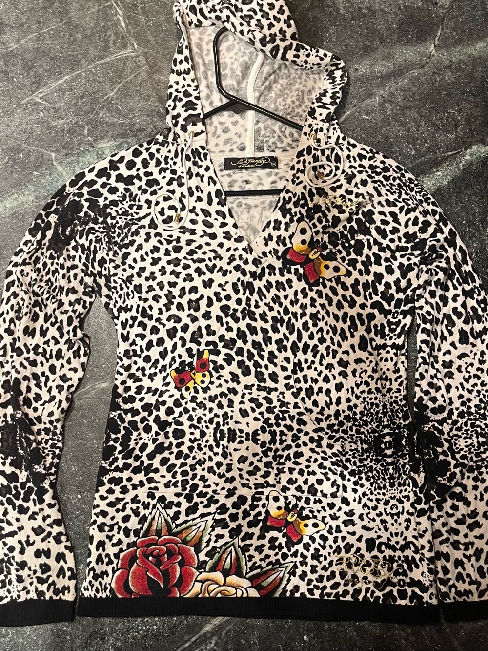 Ed Hardy Leopard Print Hoodie with Butterfly, Leopard & Rose Accents